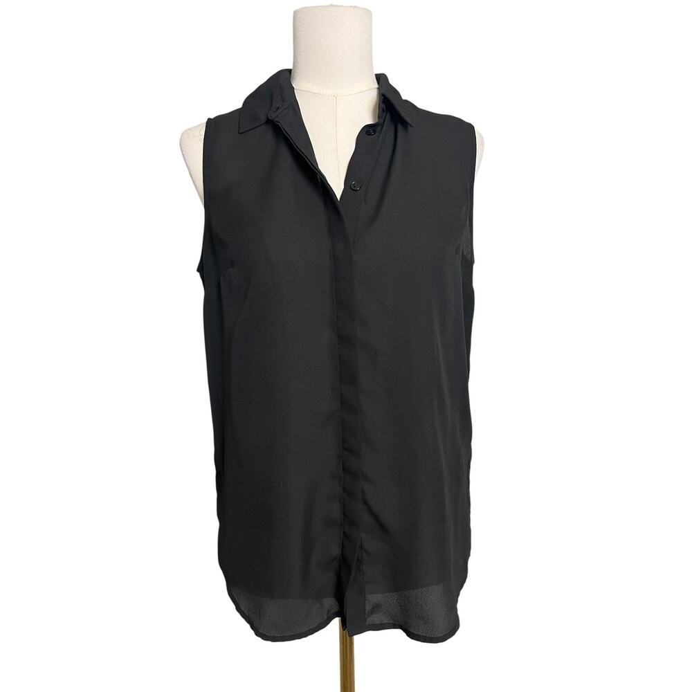 ASOS Tunic Blouse Womens 4 Black Sleeveless Sheer Chiffon Button Up Collared